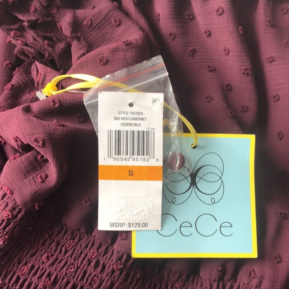 CeCe Women's Ruffled Flutter Sleeve Swiss Dot Midi Dress in Rich Carbernet - Picture 6 of 7